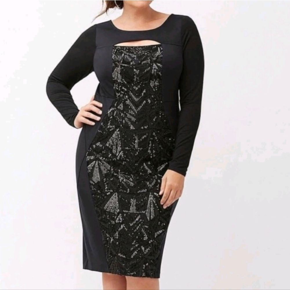 Lane Bryant Geometric Black Sequin Keyhole Neck Long Sleeve Bodycon Dress 20W